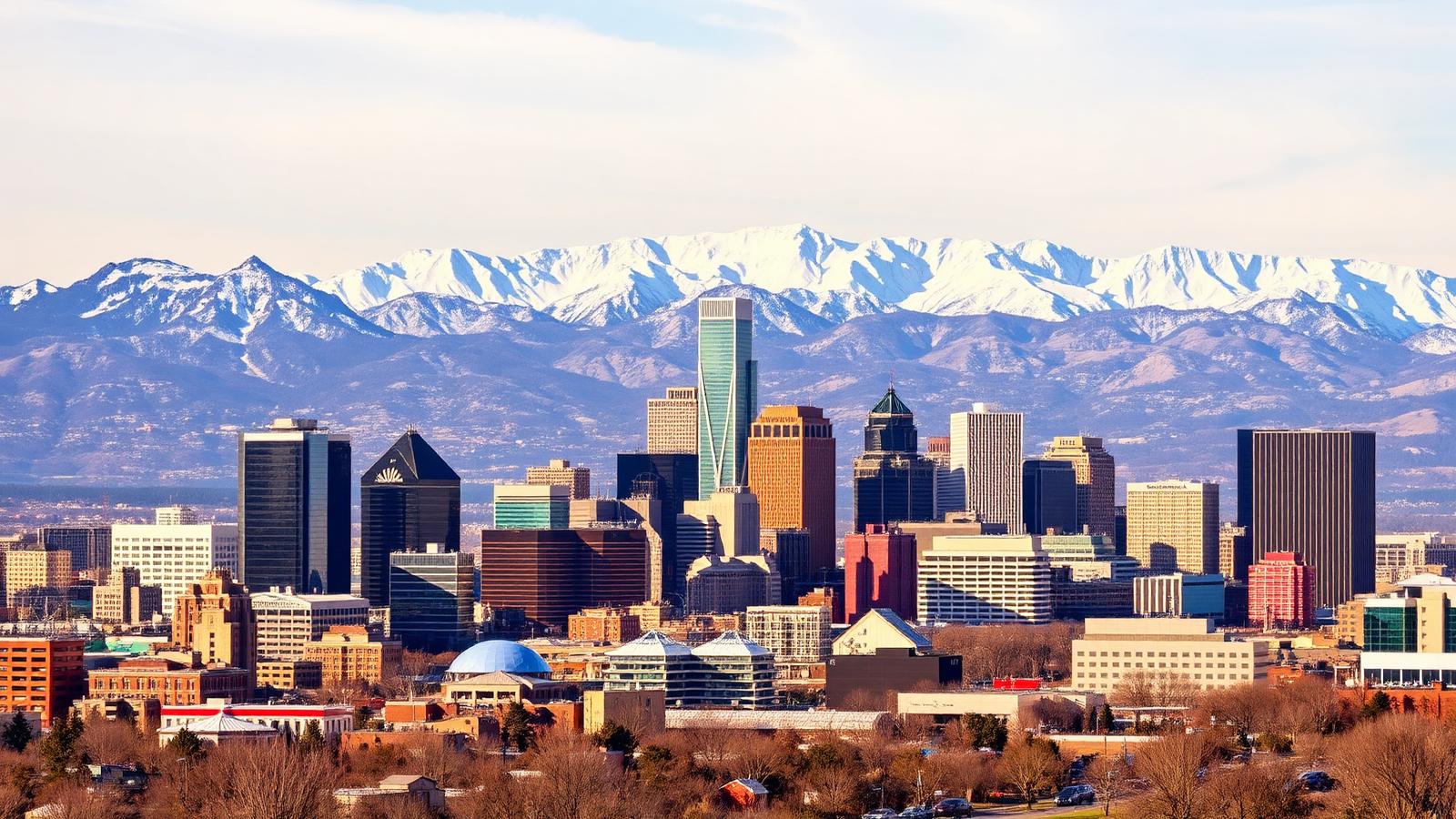 The Denver, Colorado skyline with the Rocky Mountains in the background