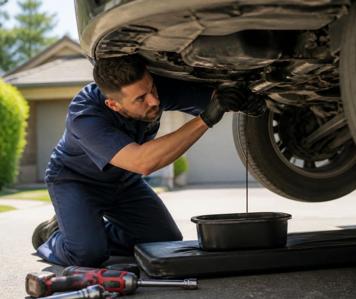 Mobile technician performing an oil change in a residential driveway